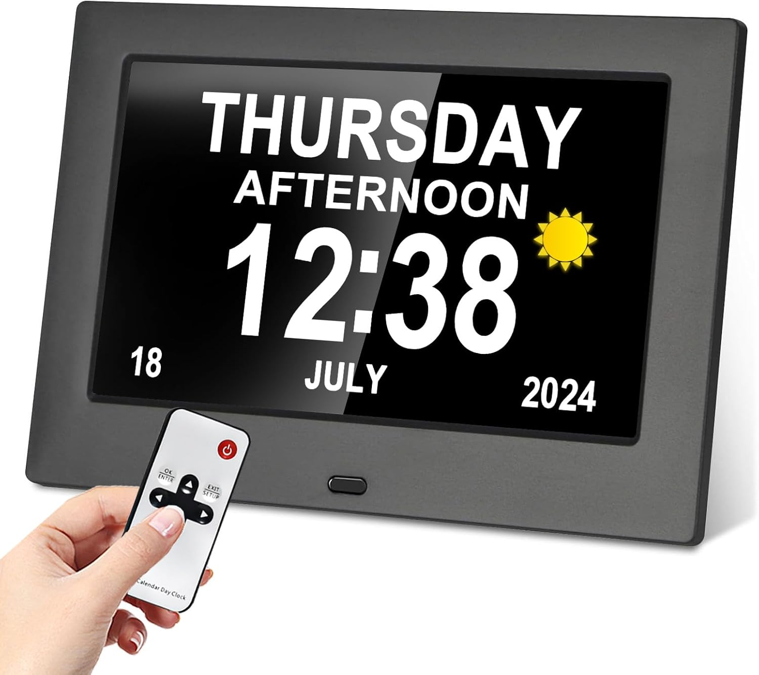 Dementia Clock for Seniors - 7" Large Clock for Seniors with Dementia, Digital Clock with Date & on Time Alarms, Remote Control, Dementia Wall Clocks for Elderly- White