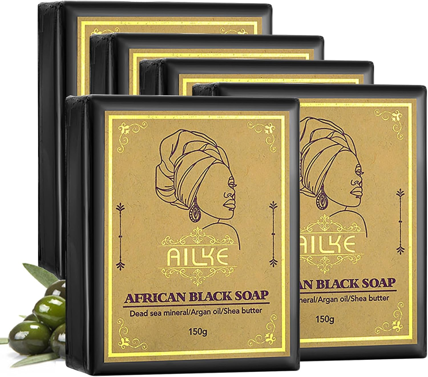 AILKE African Black Soap, Whitening, Intensely Clean Skin, Remove Pimples, Acne, Blackheads, Non-Drying, with Charcoal, Shea Butter, Argan Oil, for Men, Women, 150G (Pack of 3)