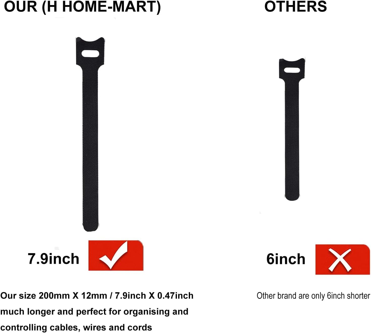 (100Pack- 8Inch) Longer Reusable Cable Ties|Cable Ties|Cable Management|Cable Tie|H HOME-MART Cable Straps Adjustable Tidy Wrap Hook and Loop Strong Fastening Organizer Cord/Cable Organiser image number 3