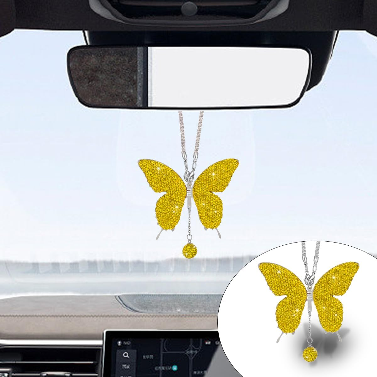 Bling Butterfly Diamond Car Hanging Accessories, Crystal Butterfly Rear View Mirror Luck Car Decoration Accessories for Women, Valentine'S Day Presents Ornament Pendant for All Cars (Lemon Yellow)