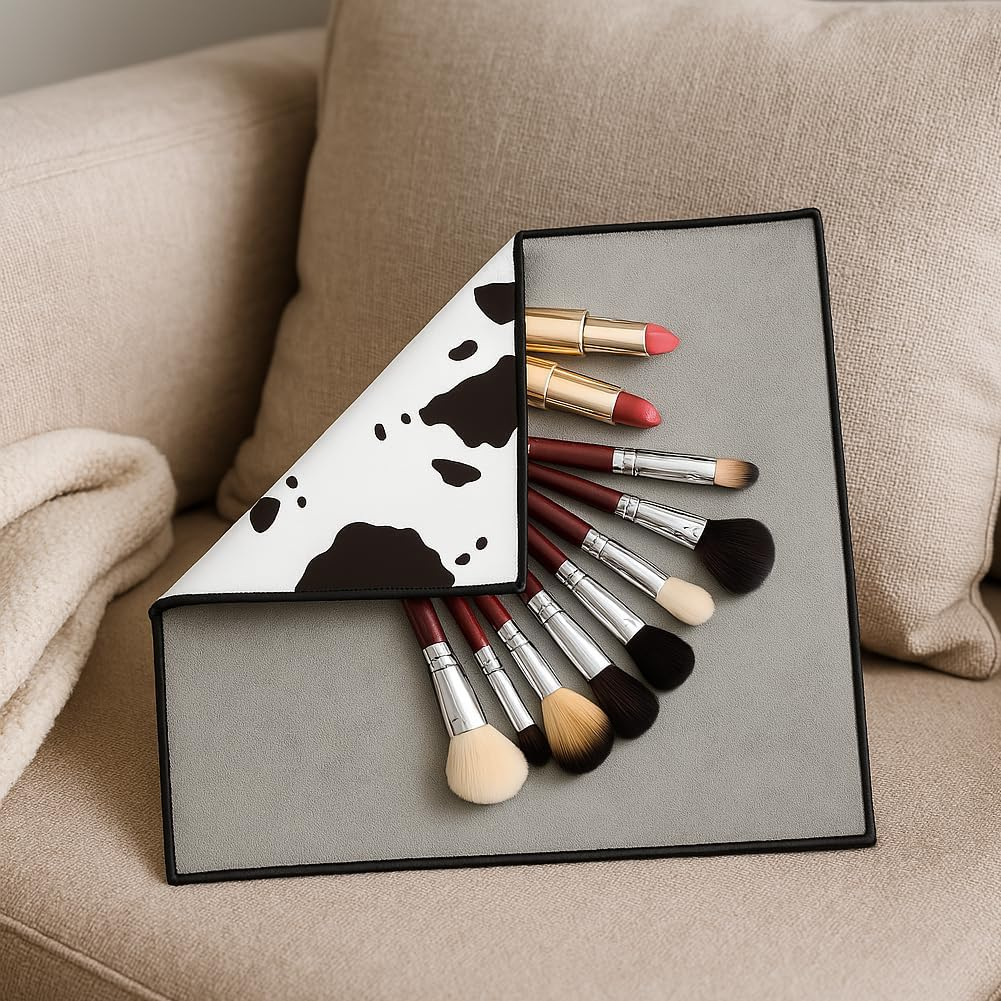 Doodlream 2 Sheets Self-Adhesive Magic Cloth Cow Print Travel Makeup Bag Organizer & Scratch-Resistant Camera Lens Protective Wrap, Reusable Portable Cosmetic Pouch (50X50Cm/35X35Cm), Black and White image number 2