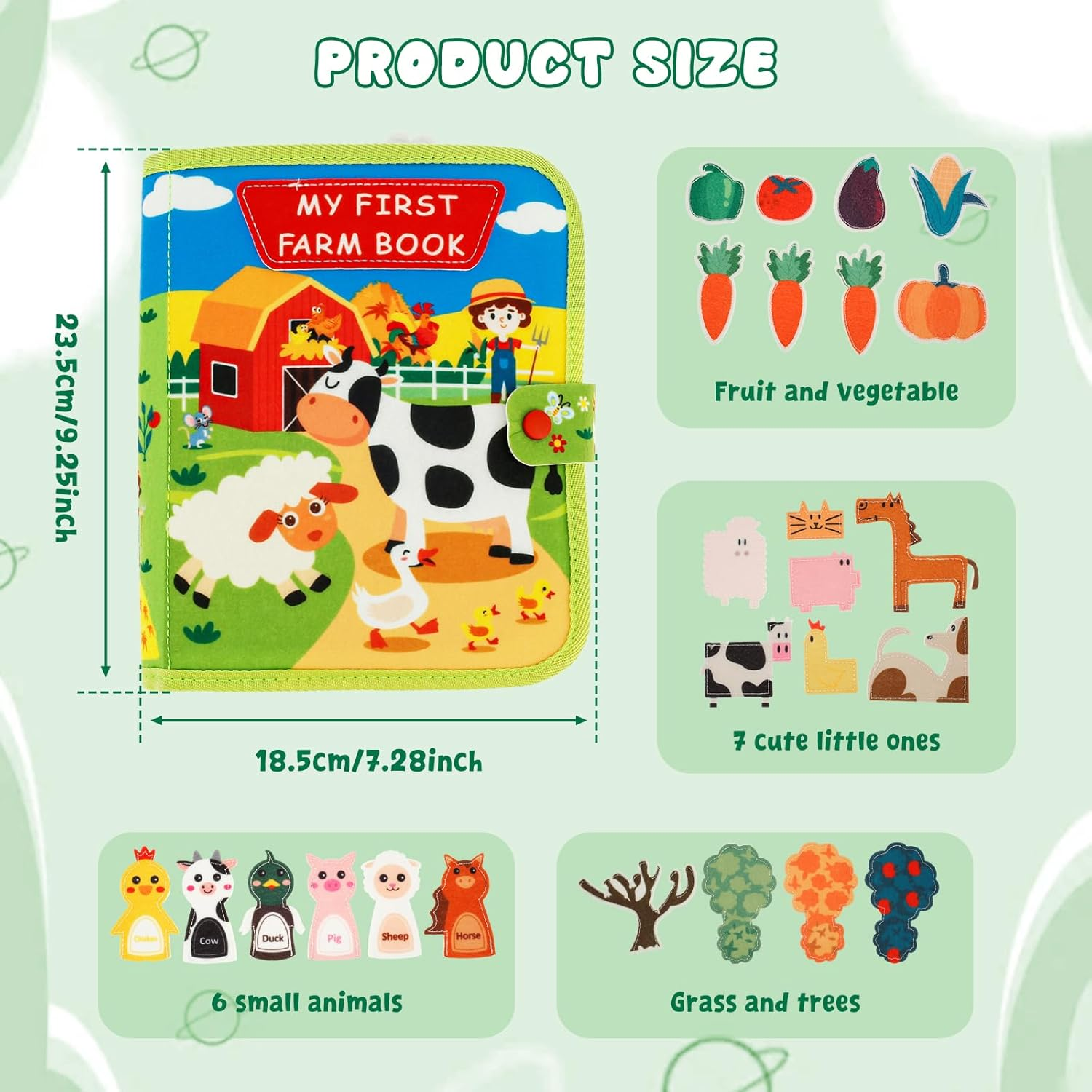 Busy Book for Toddlers 1-3, 18In1 Farm Animal Busy Book Travel Toys Montessori Quiet Books Preschool Learning Activities for Boys Girls Infants (Green- Farm) - Blue-With Handle image number 6