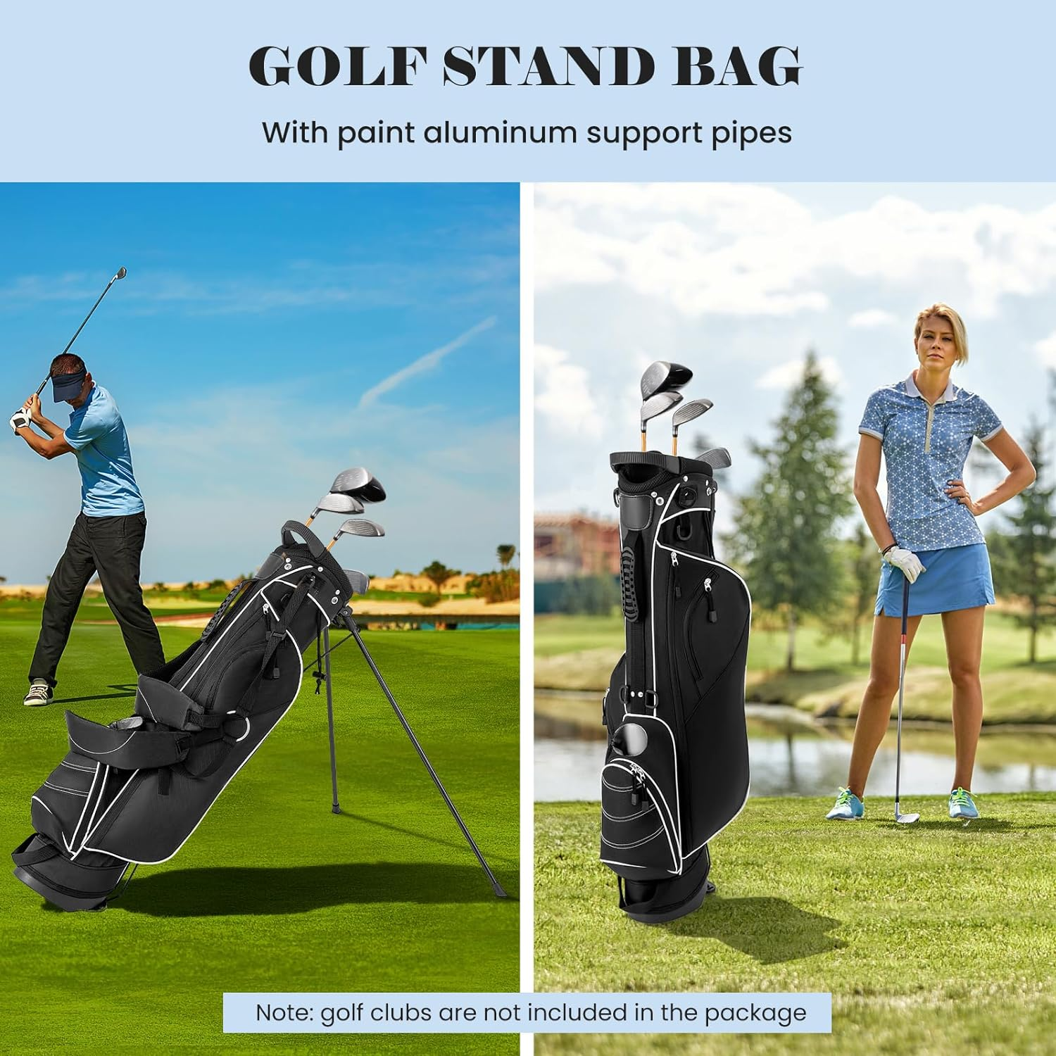 Costway Golf Stand Bag, Ultra Lightweight Golf Bag with 4-Way Top Dividers, Adjustable Dual-Strap, Foldable Bracket, Handles, Outer Pockets for Extra Storage, Easy Carry Golf Clubs Carrier, Ideal for Golf Course & Travel