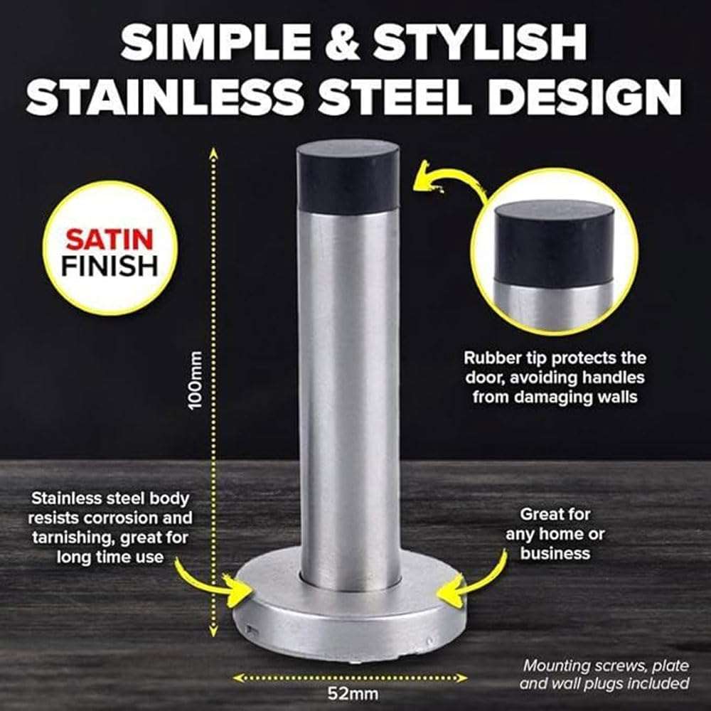 Leona Co Door Stop, 100Mm X 52Mmheavy Duty Stainless Steel Door Stopper with Rubber Tips Bumper, Wall Mounted Door Holder Protection Sound Dampening image number 2