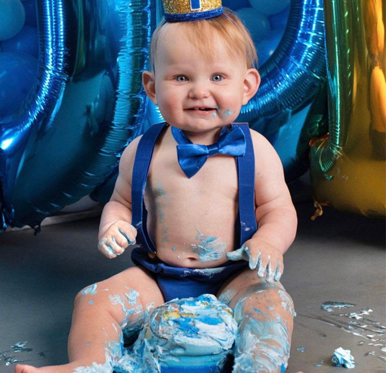 WELROG Baby Boys First Birthday Cake Smash Outfit Bow Tie Suspenders Bloomers Birthday Hat Sparkle Gold image number 3