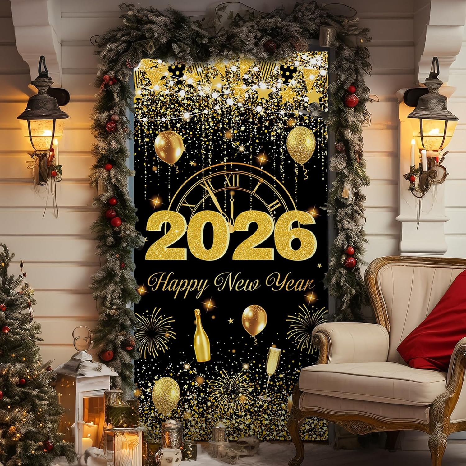 Bicuces Happy New Year Door Cover New Years Eve Party Supplies Welcome Banner for 2026 New Year Photo Banner Hanging Photography Background NYE Door Banner for Happy New Year Decorations 2026 image number 4