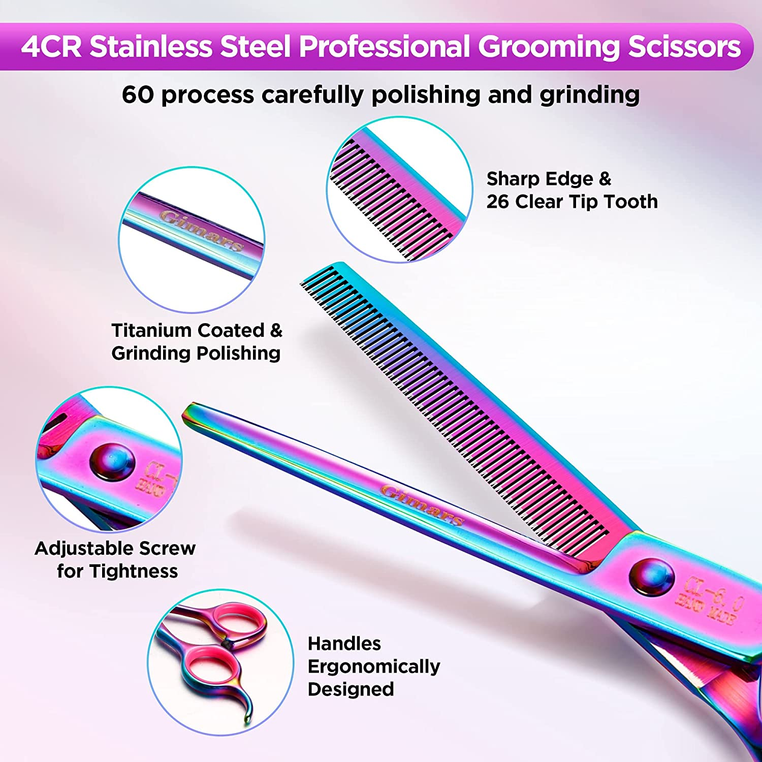 Gimars Professional 4CR Stainless Steel 6 in 1 Grooming Scissors for Dogs with Safety round Tip, Heavy Duty Titanium Coated Pet Grooming Scissor for Dogs, Cats and Other Animals image number 2