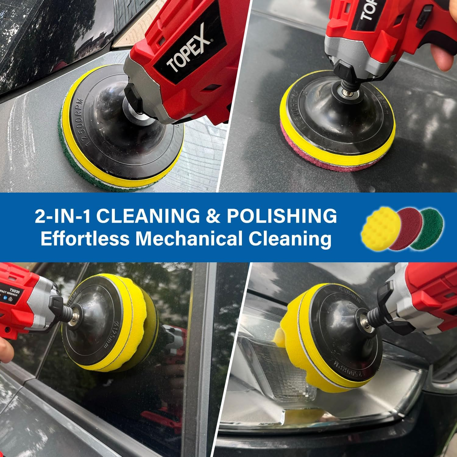 TOPEX 14-Piece Drill Brush Attachment Kit, 2-In-1 Clean & Polish Power Scrubber Set for Scrubbing- Multi Surface Use on Household, Auto Detailing with Assorted Brushes, Pads & Extension Rod