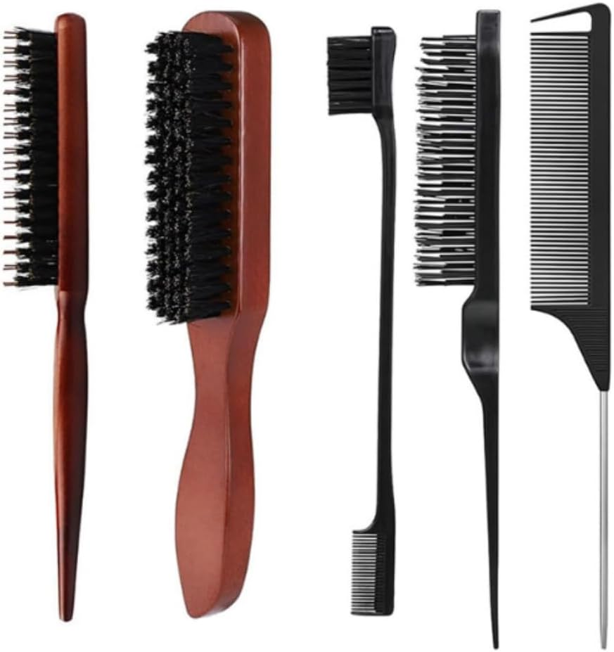 Jindizi Boar Bristle Hair Brush Set, 5Pcs - Slick Back, Teasing, Quiff Roller, Anti-Static, Black image number 4