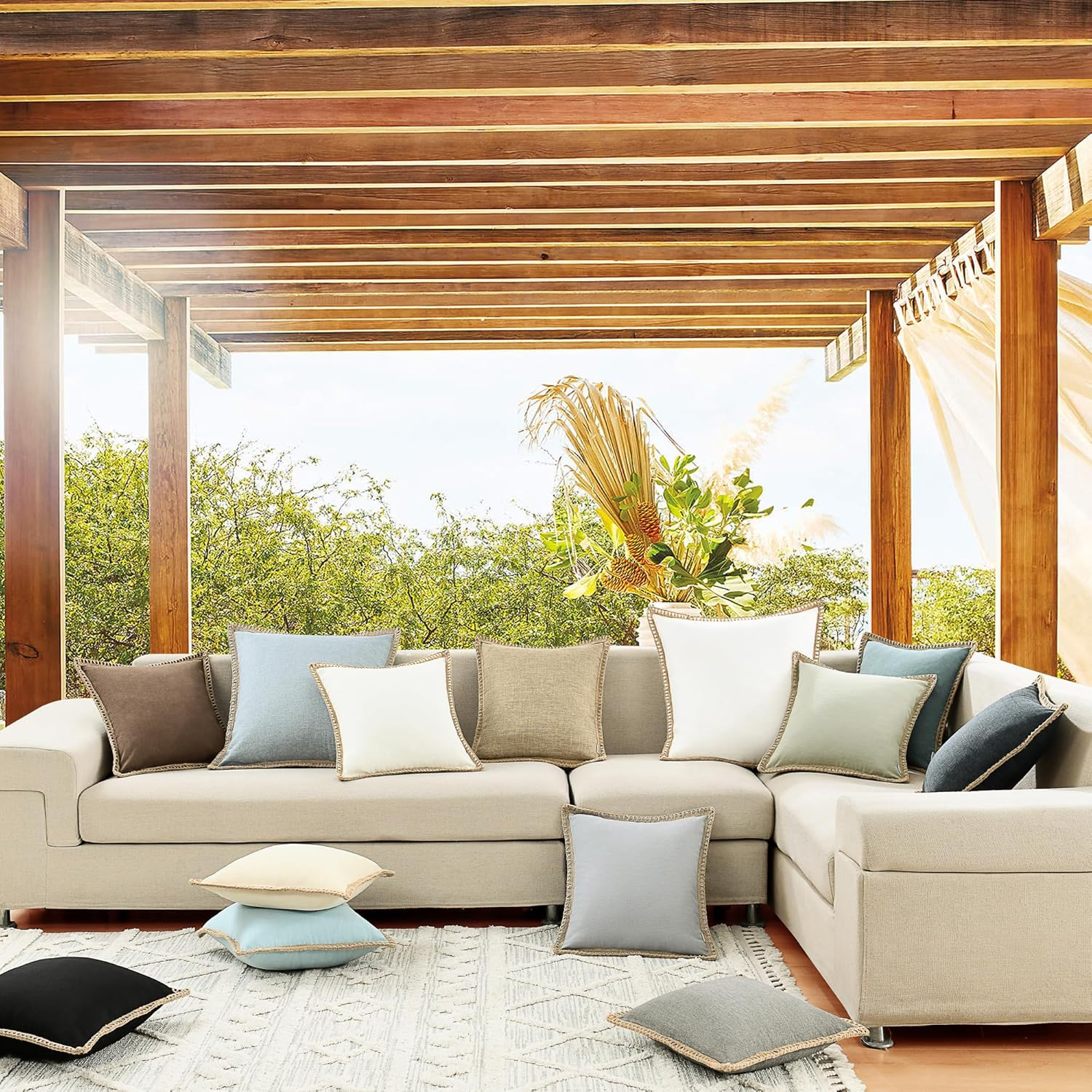 Nordeco HOME Set of 2 Throw Pillow Covers - Burlap Linen Trimmed Tailored Edges Decorative Cushion Covers for Bed Home Decoration, 20 X 20