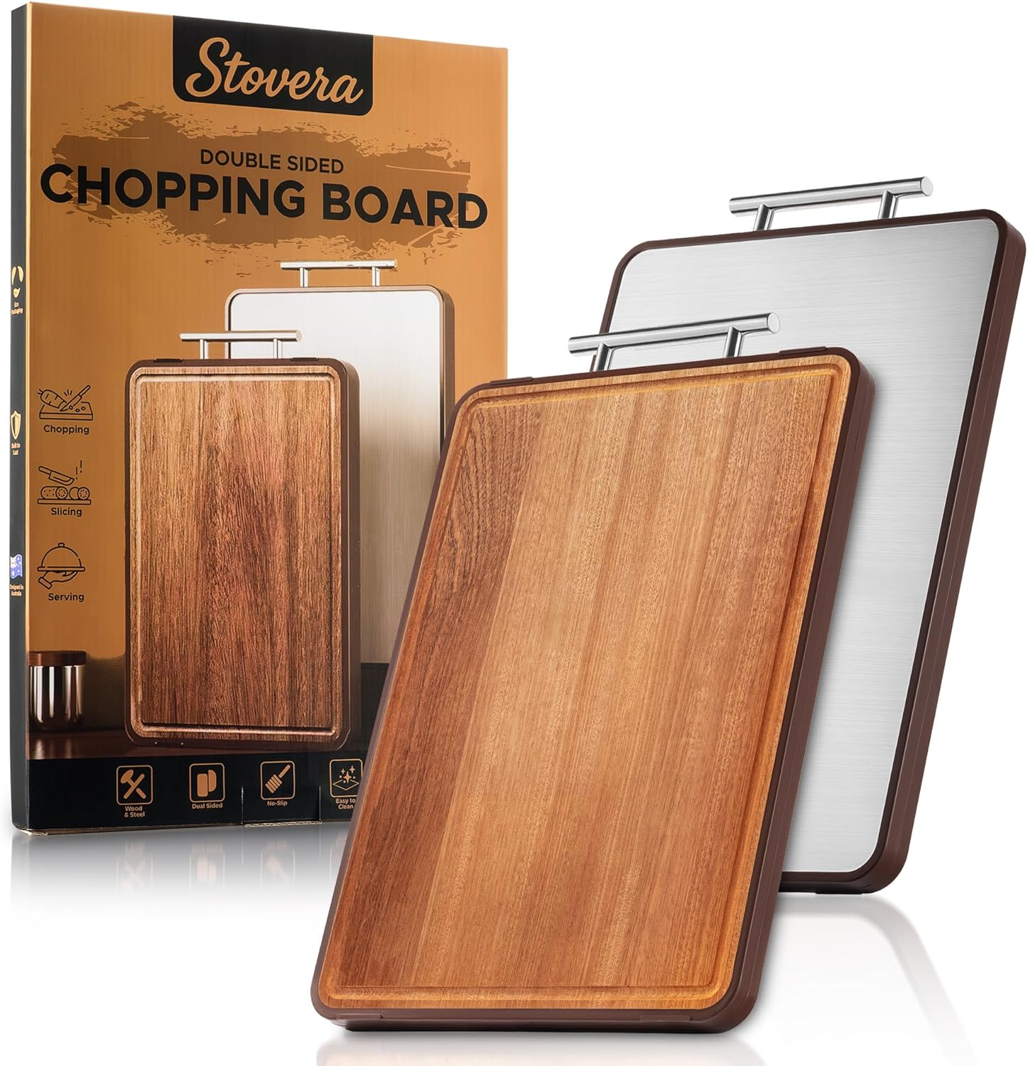Chopping Board &ndash; Premium Wooden Cutting Board with Stainless Steel & Ebony, Double-Sided with Juice Groove &ndash; Ideal for Kitchen Prep, Charcuterie, Meat, Cheese & Fruit