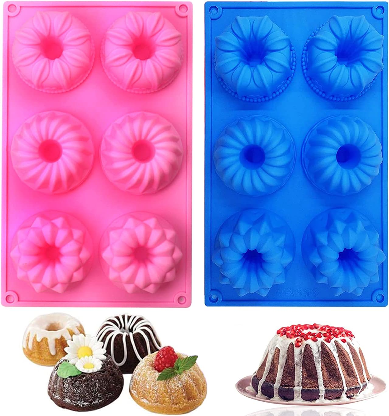 SAGOOITS Silicone Mini Bundt Cake Pans, 6-Cavity Fluted Tube Cake Pan, Non-Stick Silicone Baking Mold for Cupcakes, Donuts, Cornbread, Brownies, Jellies-2 Packs (Pink, Blue)