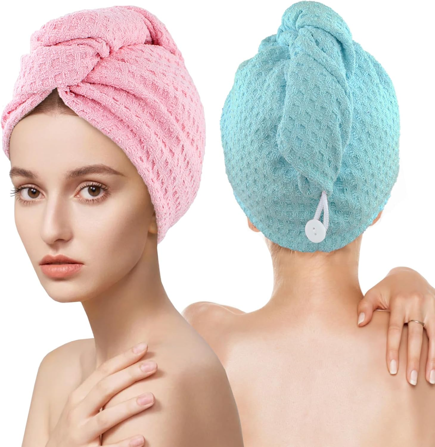 Microfiber Hair Drying Towel with Button 1Pack Khaki Waffle Long Hair Head Wraps Twist Plopping Curly Shower Turban Terry Cloth Fast Absorbent Dry anti Frizz Hair Wraps for Women Wet Hair image number 4
