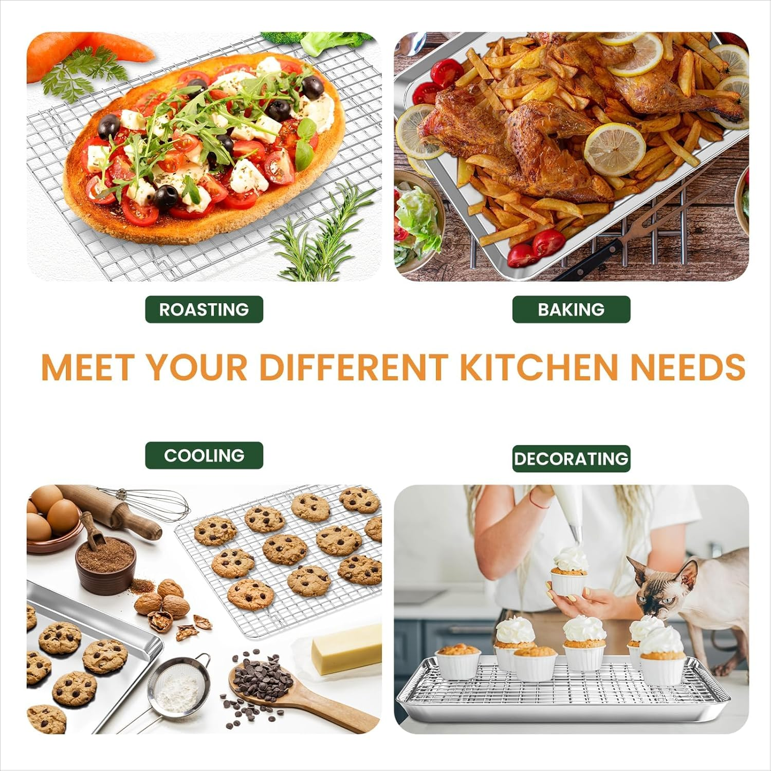 Baking Sheet with Wire Rack Set: 3PCS Stainless Steel Cookie Pans 9 12 16 Inch with 3PCS Cooling Racks - Nonstick Cooking Tray for Oven Heavy Duty and Dishwasher Safe image number 2