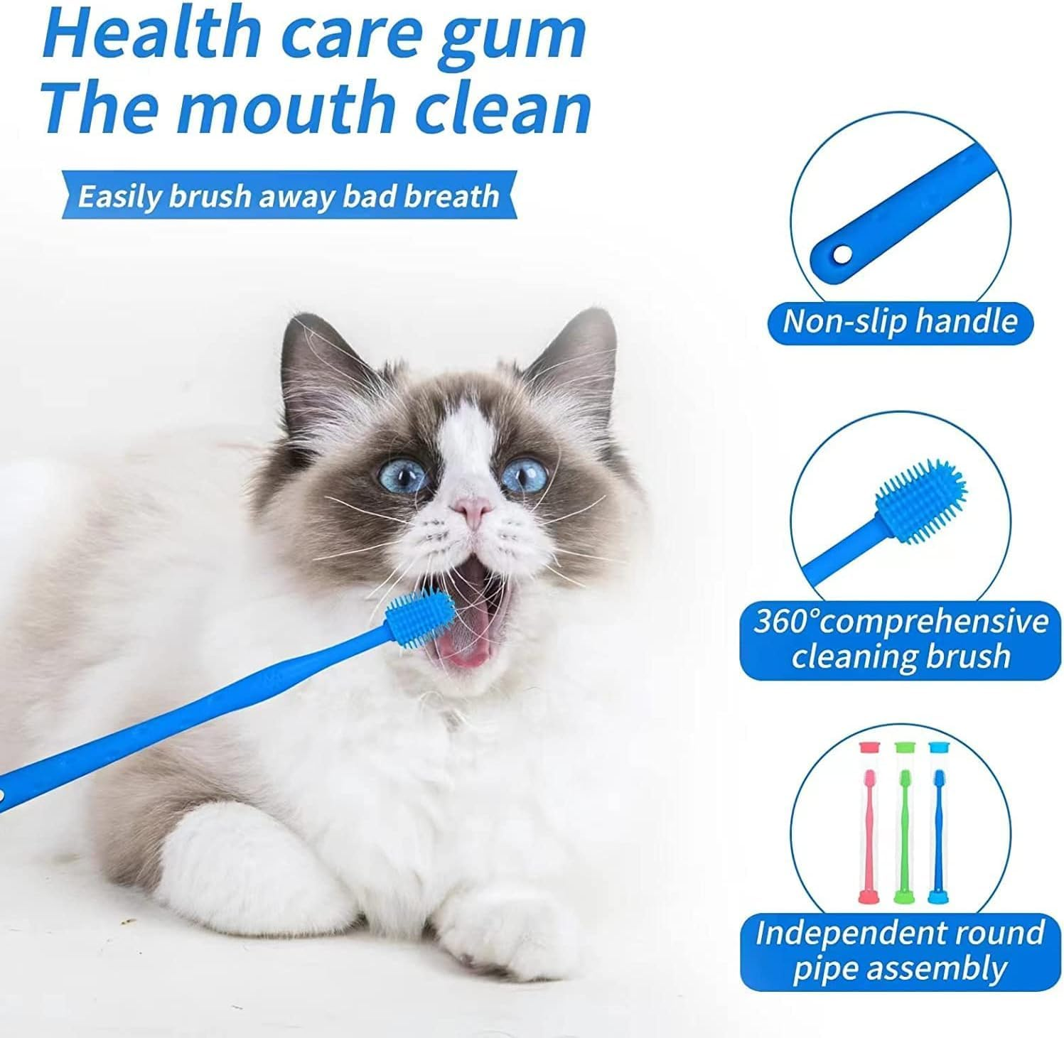Soft 360-Degree Toothbrush for Small Pets - 3Pcs Dog and Cat Dental Care, Silicone Bristles image number 3