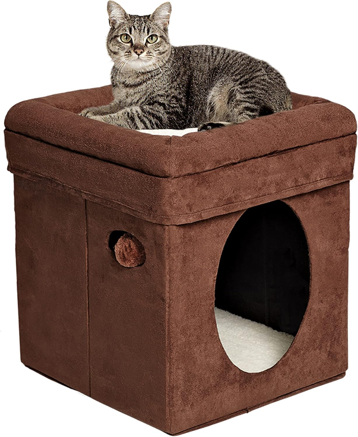 Midwest 137-BR the Original Curious Cat Cube, Cat House/Cat Condo in Brown Faux Suede & Synthetic Sheepskin