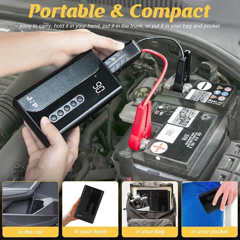 2000A Car Jump Starter with Air Compressor& LED Light, 150PSI Portable Tire Inflator, 12V Battery Booster, LCD Display - Black image number 2