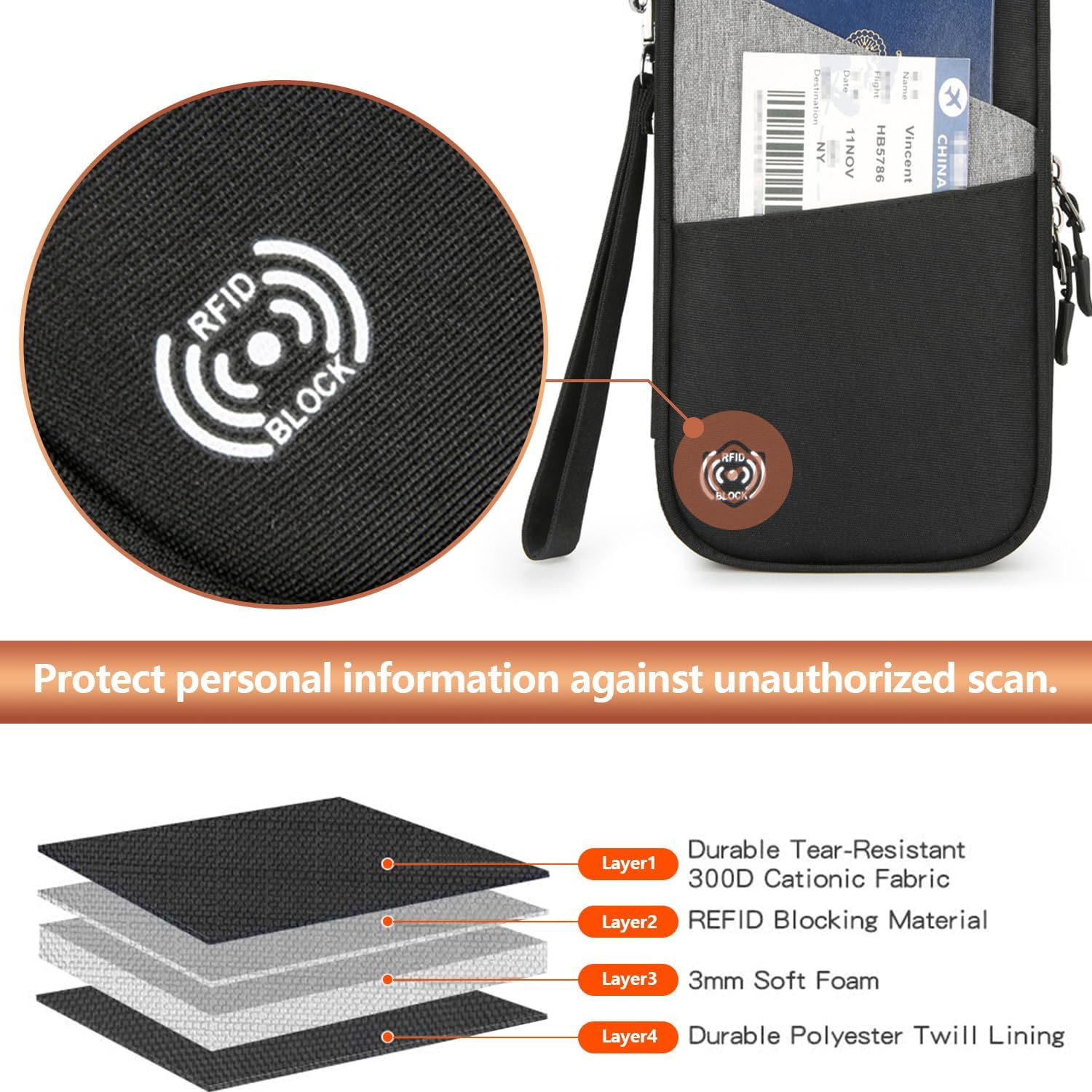 H HOME-MART RFID Travel Passport Wallet and Passport Holder with Crossbody Strap,Family Passport Holders-Travel Accessories H Document Airplane Holiday Unisex Passport Wallets Cover Case - Black image number 5