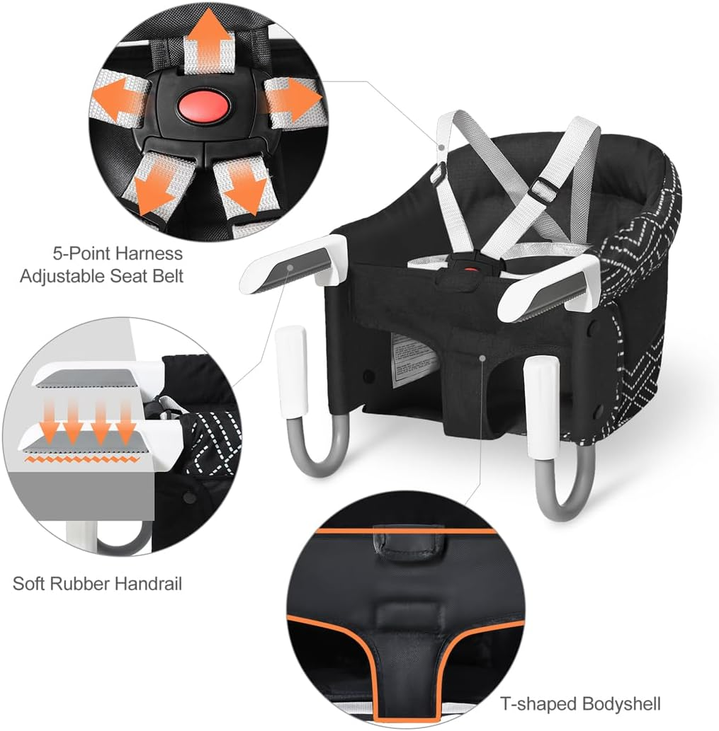 MTWML Portable High Chair for Table,Hook on High Chair That Attaches to Table,Space Saver Counter Clip on Chair for Baby,Easy Clean Baby Feeding Seat with Carry Bag for Travel(Stripe-Black) - Single Tray image number 5