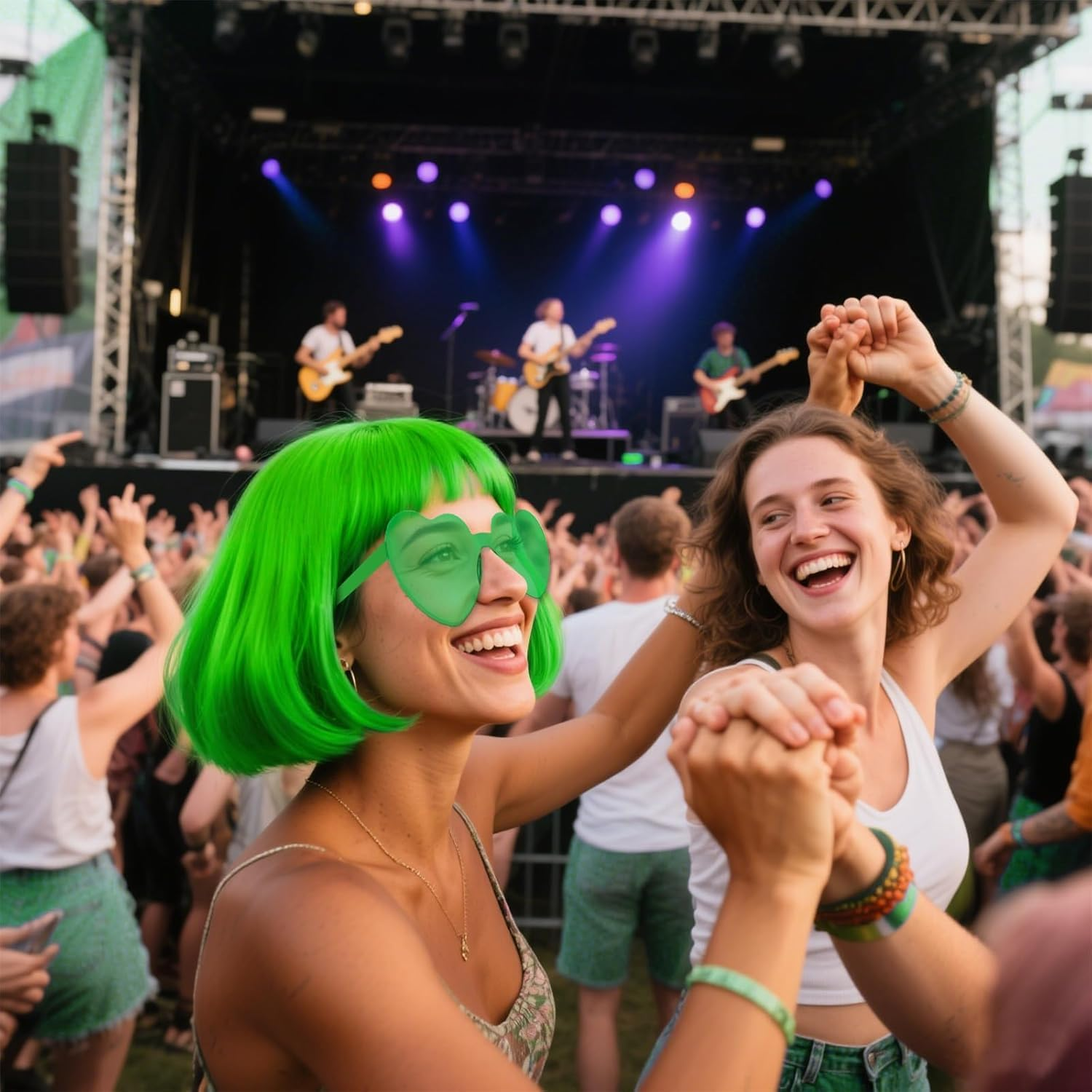 Green Bob Wig, Green Wigs for Women with Double Heart Sunglasses and W-Ig Net Bag,Colourful Wig Perfect for Cosplay, Party, Hall-Oween,Fashionable and Comfortable image number 4