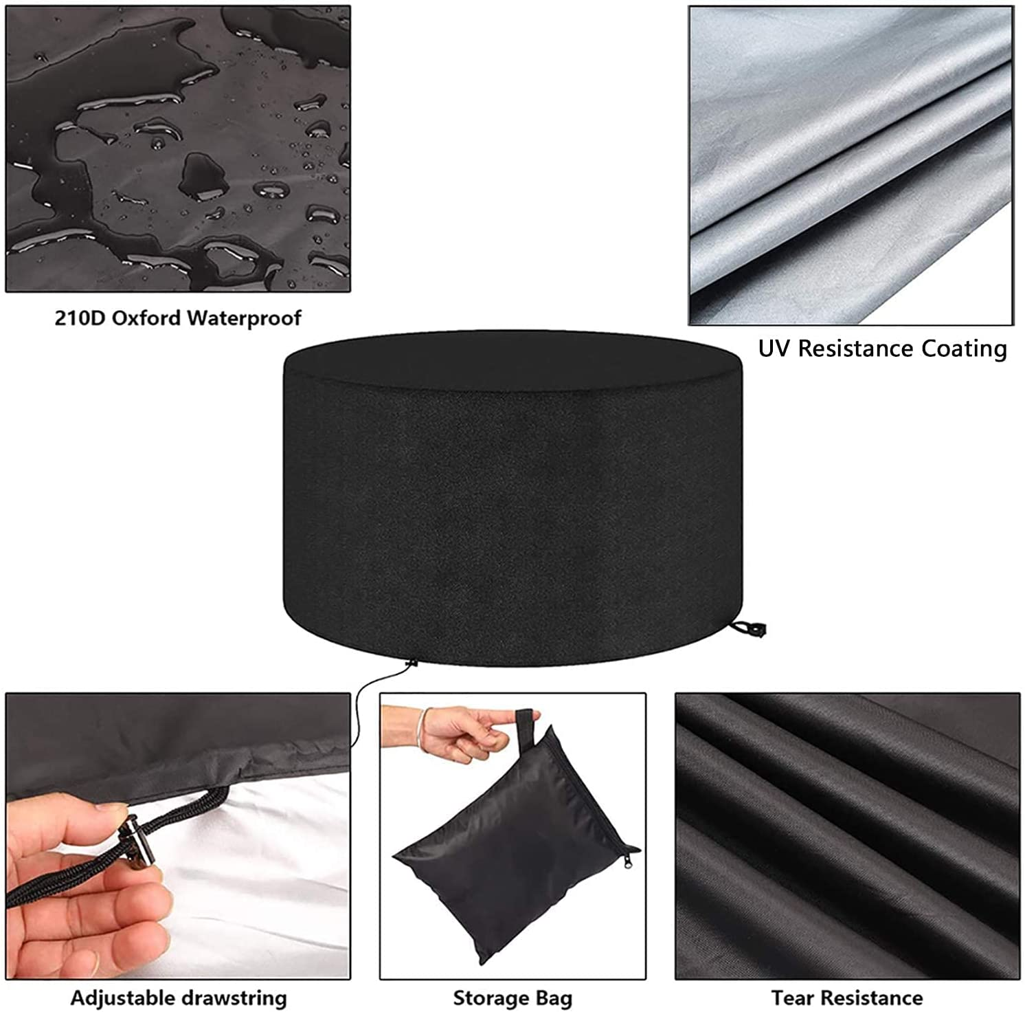 Garden Furniture Covers Patio round Table Cover MAYHOUR Waterproof Windproof Drawstring 210D Oxford Fabric Outdoor Indoor Chair Desk Cover Anti-Uv Snow Protection Black (91&times;43In/230&times;110Cm) image number 5