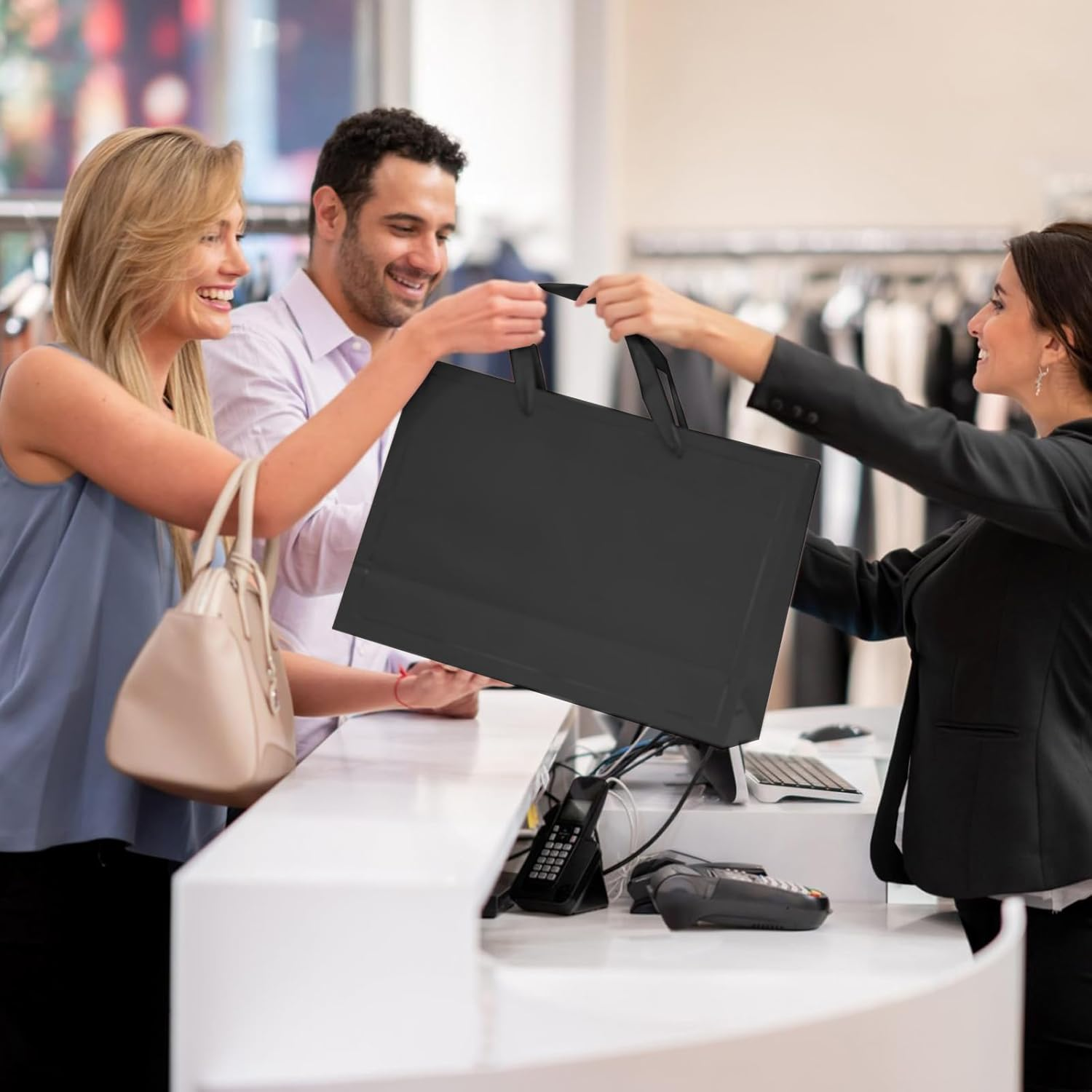 Fayrvind 6 Pack 40 X 28 X 12CM Black Gift Bags with Handles,Large Size Gift Bags Bulk with White Tissue Papers for Christmas Birthday Graduation Anniversary Fancy Wedding, Baby Shower Bridesmaid Party image number 3