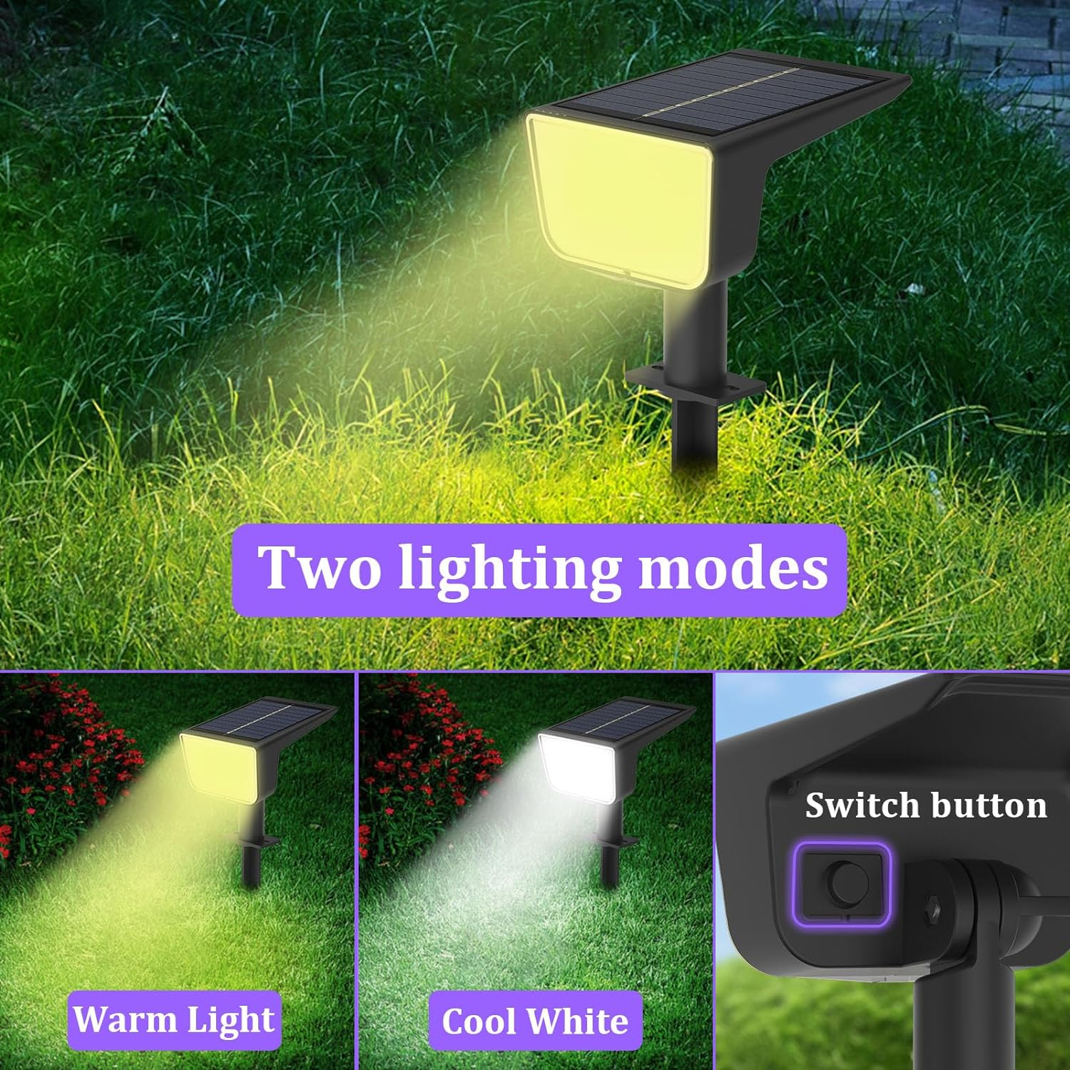 Solar Spot Lights Outdoor: 6 Pack Solar Lights Outdoor IP67 Waterproof, 2 Lighting Modes(Warm Light/Cool White) Garden Solar Spotlights for Landscape Pathway Garden Porch Yard Pool image number 4