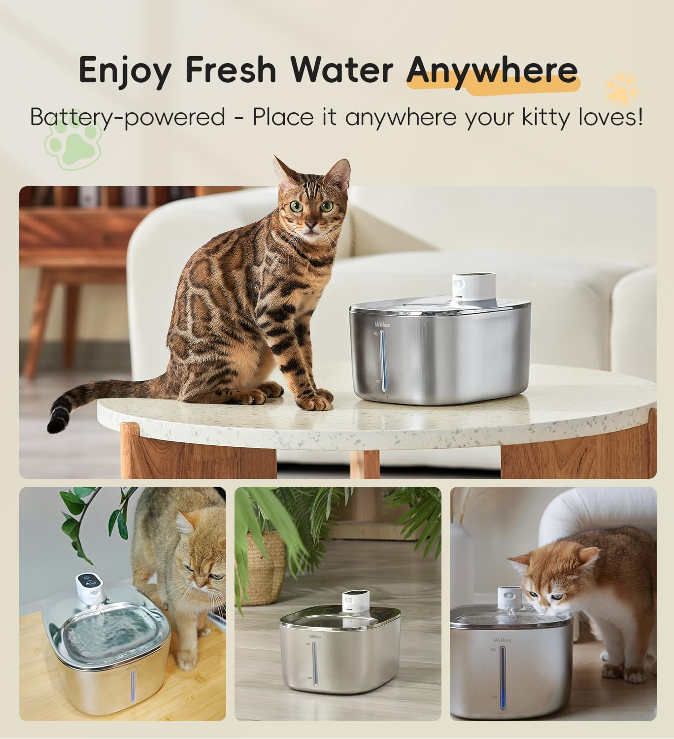 Cat Water Fountain Stainless Steel, 138Fl.Oz / 4.1L Wireless Cat Fountain, Pet Water Fountain Cordless for Cats & Dogs Indoor image number 1