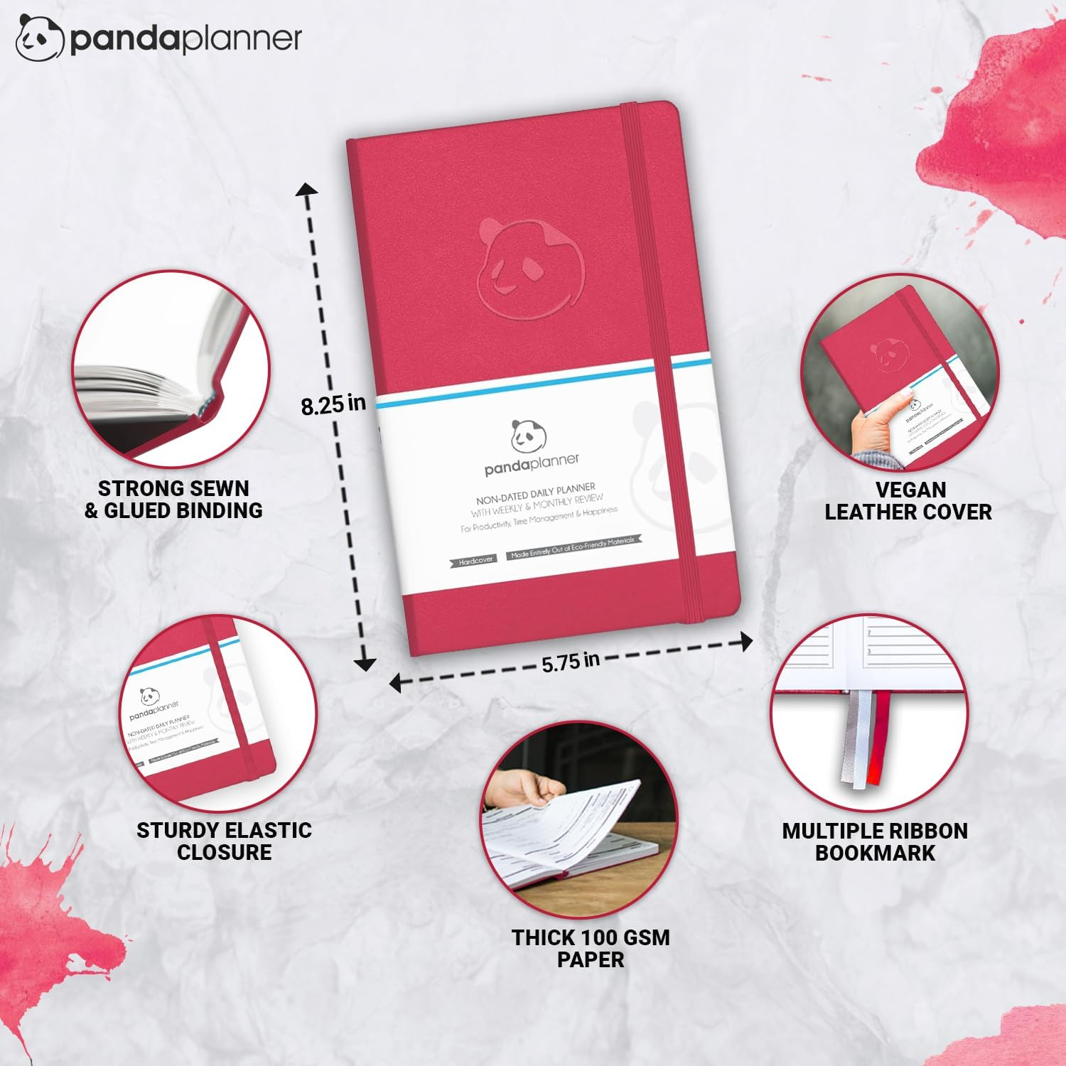 Panda Planner Raspberry Sorbet Daily Planner 2023 by - Organizer Planner for Goals, Gratitude & Focus - Weekly & Monthly Agenda Sections - Undated 90 Day Planner