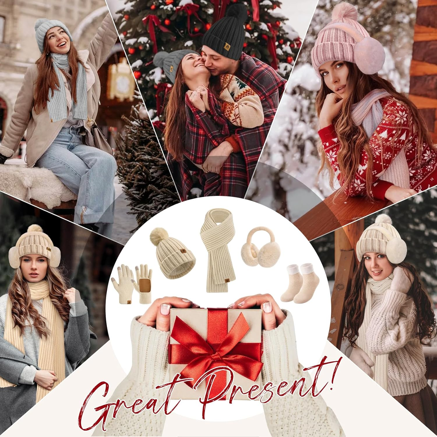 Scarf Gloves Set for Women with Ear Warmers Winter Warm Beanie Hat Scarf Gloves Set Touchscreen Gloves Socks