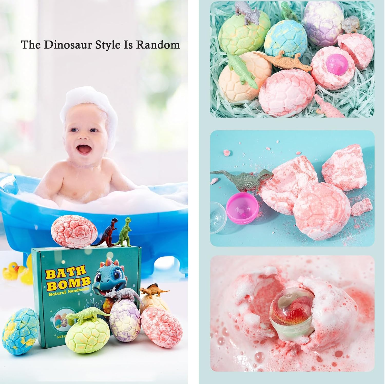 Dinosaur Bath Bombs with Surprise Inside, Dino Egg Bath Bombs Spa Handmade Organic Bubble Bath Bomb Organic Essential Oil (Green) - Pink image number 7