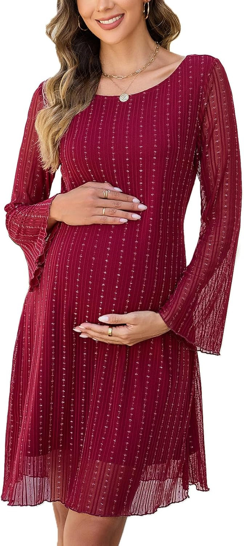 Sparkly Mesh Mini Maternity Dress Sheer Bell Sleeves Tie Back Pregnant Dresses Baby Shower Photoshoot Casual