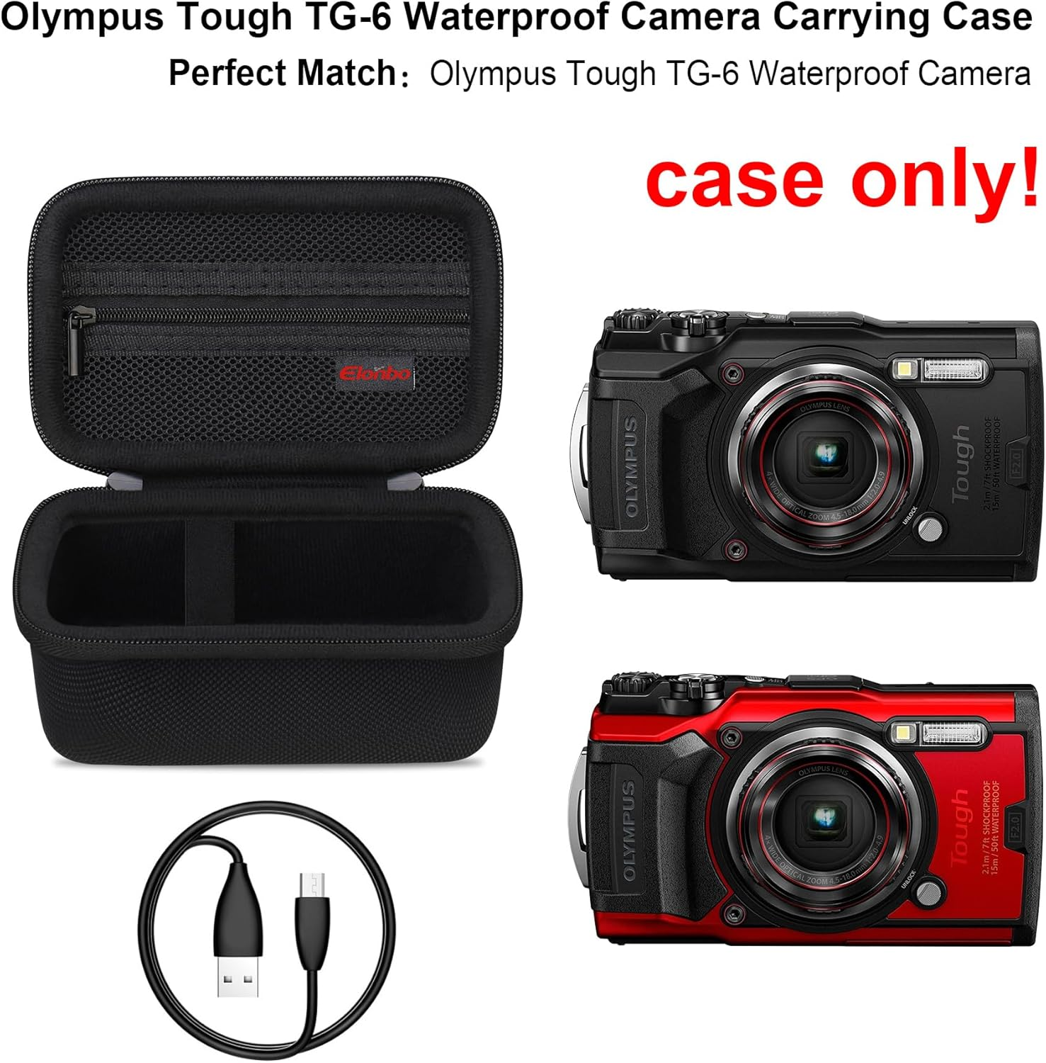 Elonbo Carrying Case for OM System Tough TG-7 / OM System Olympus TG-6 Underwater Camera, Rugged Waterproof Shockproof Wifi 4K Video Digital Camera Storage Cover Travel Bag, Black - Black image number 2