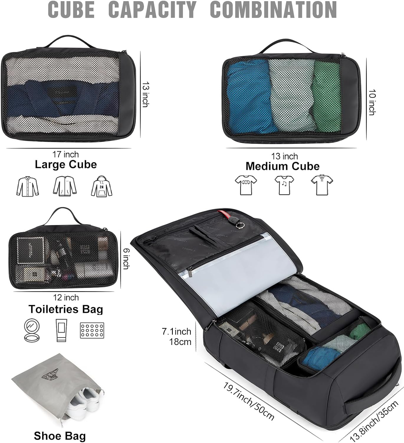 Tzowla Travel Laptop Backpack for Men Women Carry on Flight Approved, 40L Large Capacity Water Resistant anti Theft Backpacks with USB Port,Business Causal Daypack Bag Fit 17.3"Computer/Notebook - Black  Navy Blue(Backpack With 3 Packing Cubes) image number 2