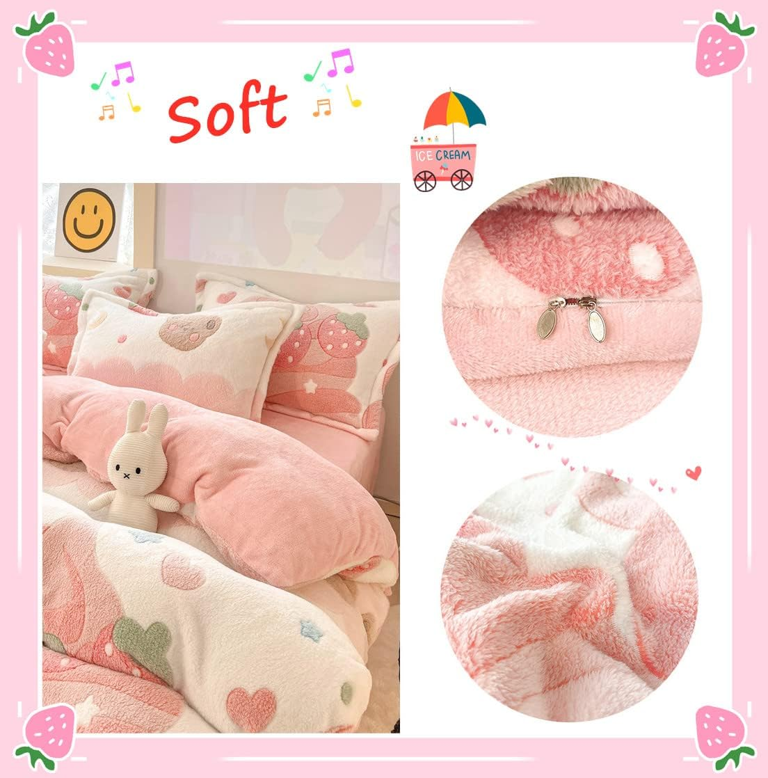 Pink Strawberry Duvet Cover Set Fluffy Duvet Cover Kawaii Cartoon Comforter Cover Soft Kids Duvet Cover Queen Bedding Set (Strawberry, Queen)