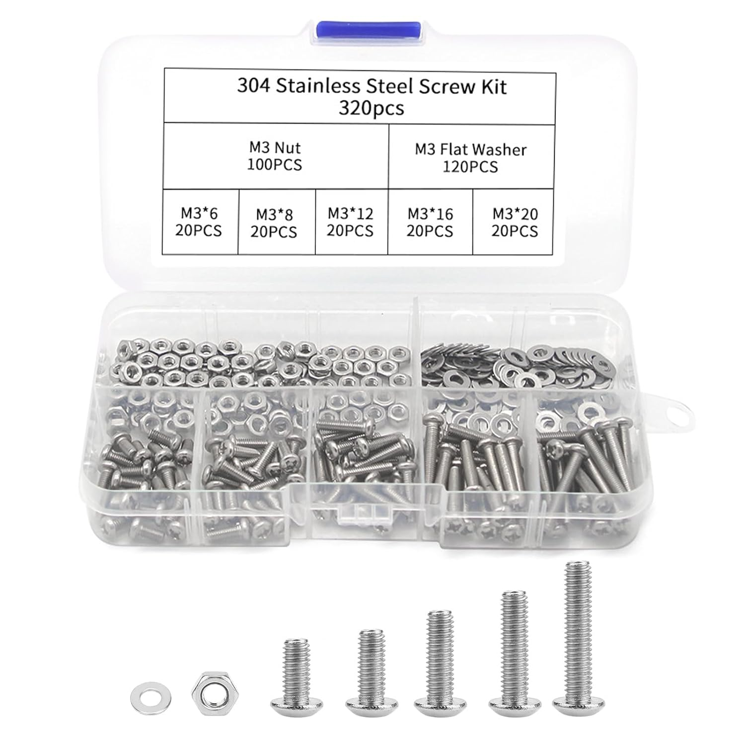 Zalizr 320 PCS M3 Screw Assortment Kit, Stainless Steel Phillips Pan Head Screws with Nuts & Washers, Machine Screws Hardware Set with Storage Box (6/8/12/16/20Mm) image number 2