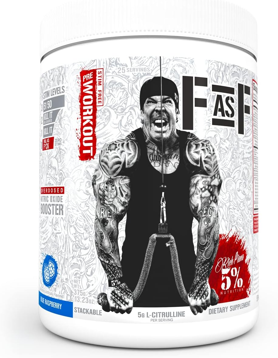 5% Nutrition Rich Piana Full AF Pre-Workout - Blue Raspberry | Zero Stims - Massive Pumps - Increased Blood Flow - Reduce Fatigue | Glycersize&trade; - Nitrosigine&reg; | - 25 Srvgs - 375G image number 3