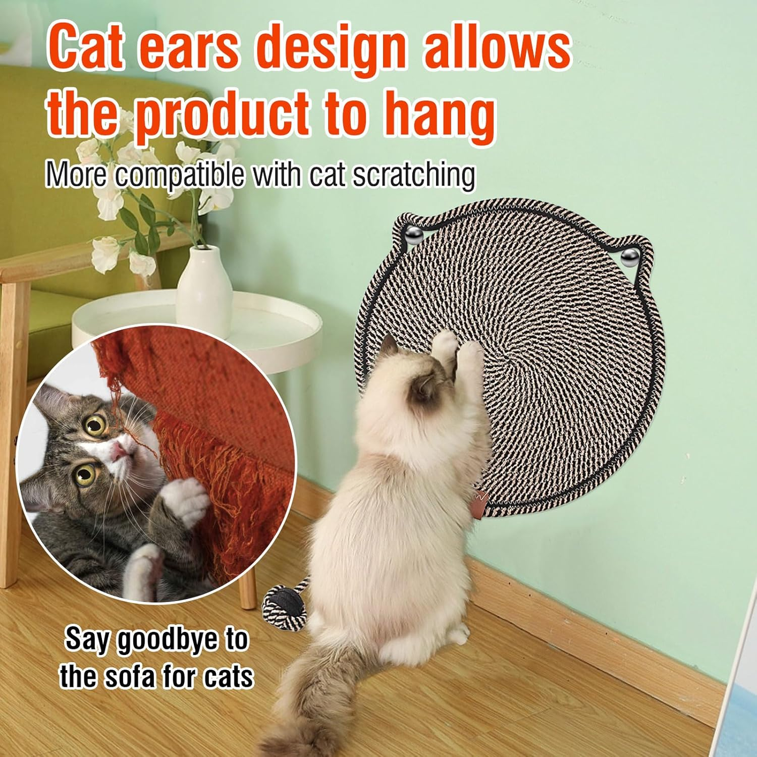 50Cm/19.7In Cat Scratching Mat, Wear-Resistant Waterproof Cotton Rope Cat Scratcher Mat, Cat Shape Cute Cat Scratching Mat for Indoor Cats, Door, Sofa, Carpet and Furniture Protector,Black image number 1