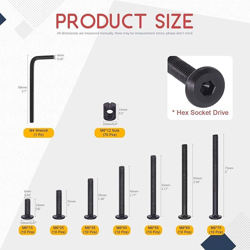 141Pcs Black Hardware Home Tools Set, Hex Bolts and Barrel Nuts with 1 X Hex Wrench, Great for Furniture, Screws M6 &times; 20/30/40/50/60/70/80Mm Hardware Screw Kit, image number 1