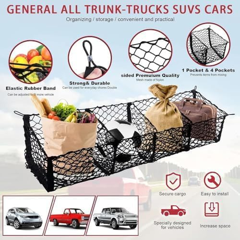 Cargo Net Trunk Organizer, Mesh Storage Net Heavy Duty Cargo Net with 4 Pocket, Stretchable Mesh Organizer with Hook and Screw, Universal Pickup Meshs Storage for SUV Car Pickup Truck Bed