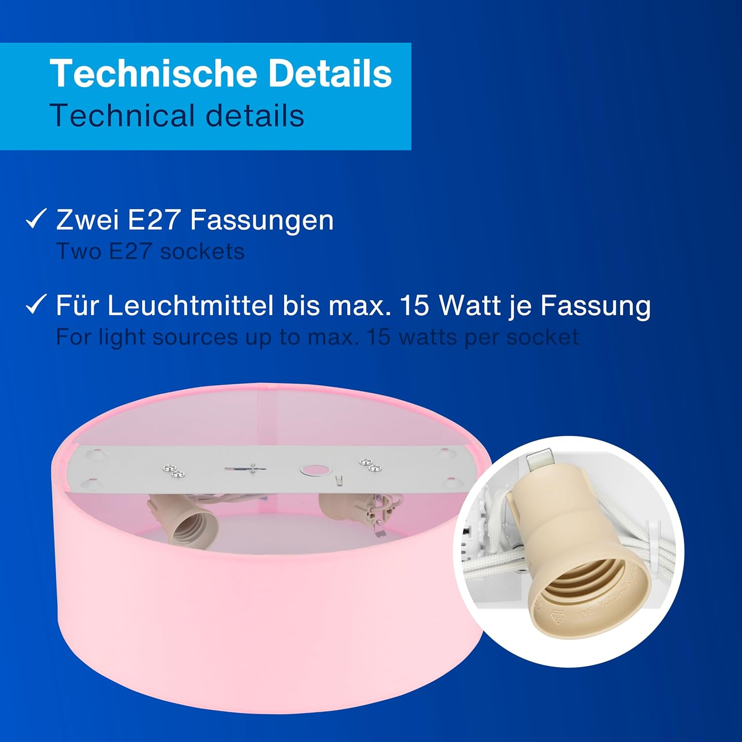 REV Ceiling Lamp 30 Cm round Ceiling Light with Fabric Shade in Modern Style - Ideal for Bedrooms, Living Rooms and Kids Bedrooms, Pink image number 2