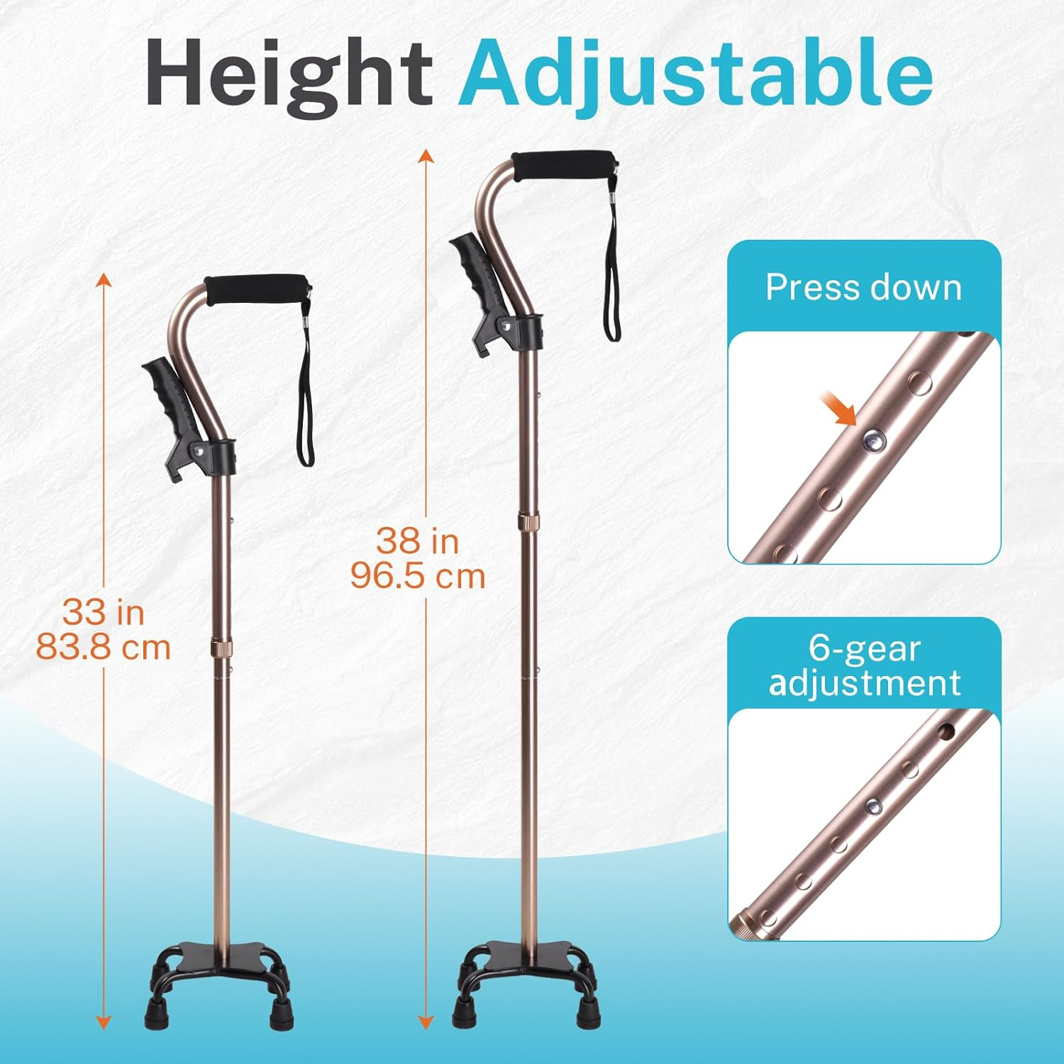 Adjustable Walking Cane for Men & Women &ndash; 4-Pronged Base for Stability &ndash; Foldable Cane for Seniors with Foam Padded Offset Handle(Champagne) image number 1
