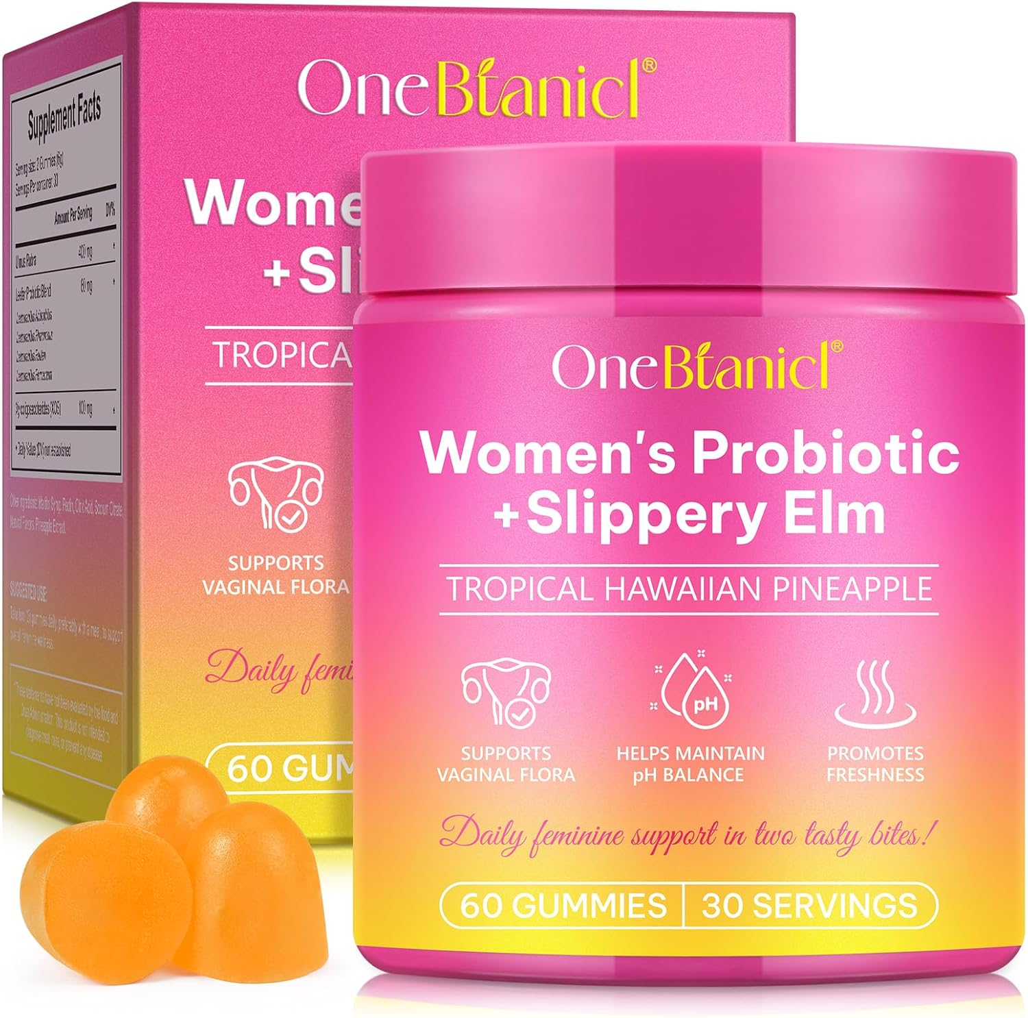 Women'S Probiotic Gummies + Slippery Elm | Supports Ph Balance, Digestive & Immune Health | with Prebiotics & Lactobacillus Blend | Pineapple Flavour | 60 Vegan Gummies image number 5