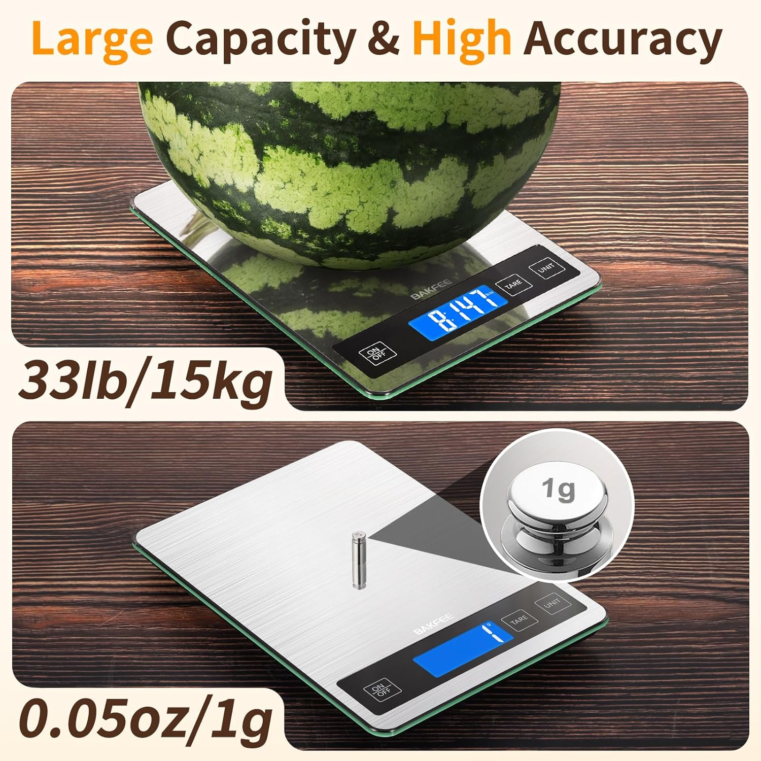 Bakfee Food Scale, 15Kg/33Lb Digital Kitchen Scale with Stainless Steel & Tempered Glass, 1G / 0.05Oz Precise Graduation, Waterproof and Sturdy Surface, for Cooking, Baking, Weight Loss, Meal Prep image number 5