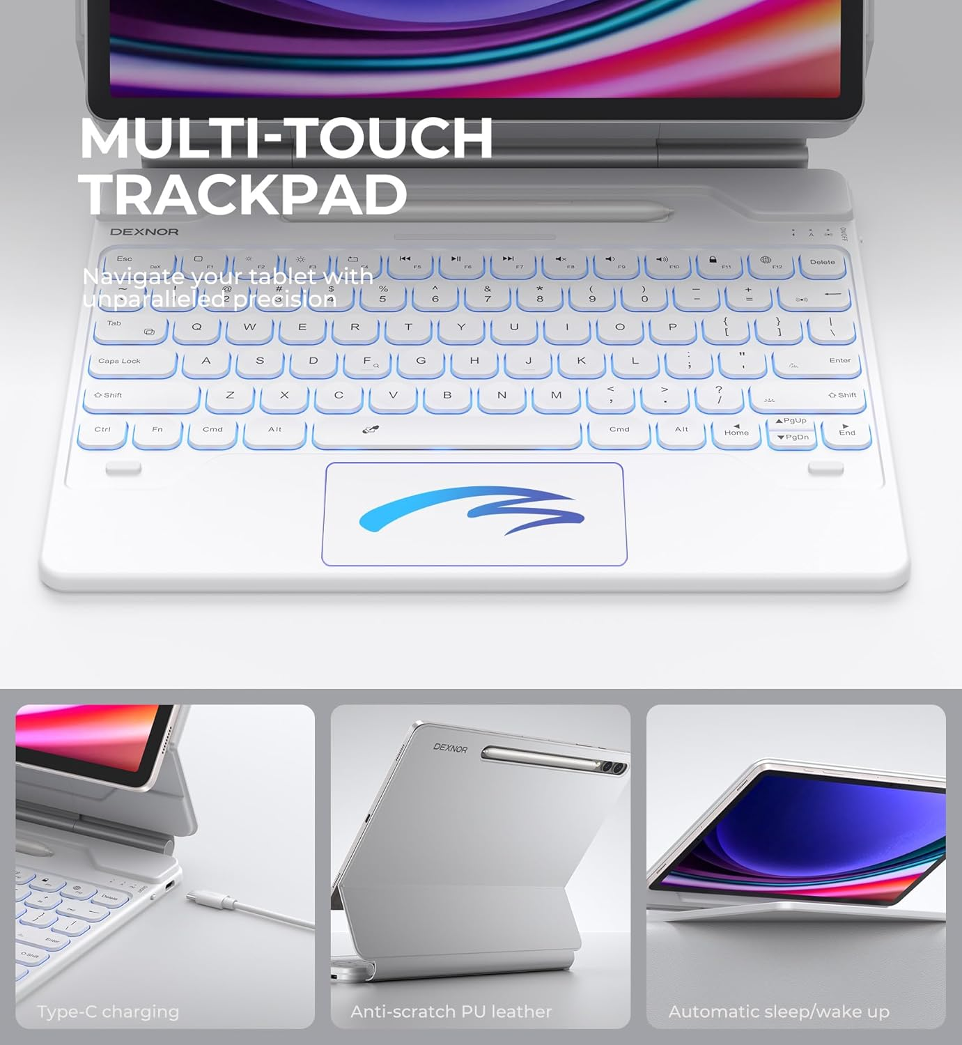 Dexnor for Samsung Galaxy Tab S10+ Plus/S9+ Plus/S9 FE+ Plus/S8+ Plus/S7+ Plus/S7 FE Case with Keyboard Floating Cantilever Magnetic Stand Trackpad Backlit Keyboard Case with S Pen Holder - White image number 3