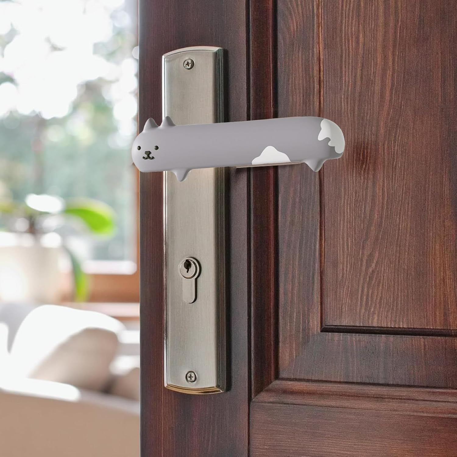 1Pcs Cartoon Door Knob Covers - Soft Anti-Collision Door Handle Cushions for Holiday Decor & Winter Bathroom/Home Bedroom Safety Protection (Grey) - Black image number 3