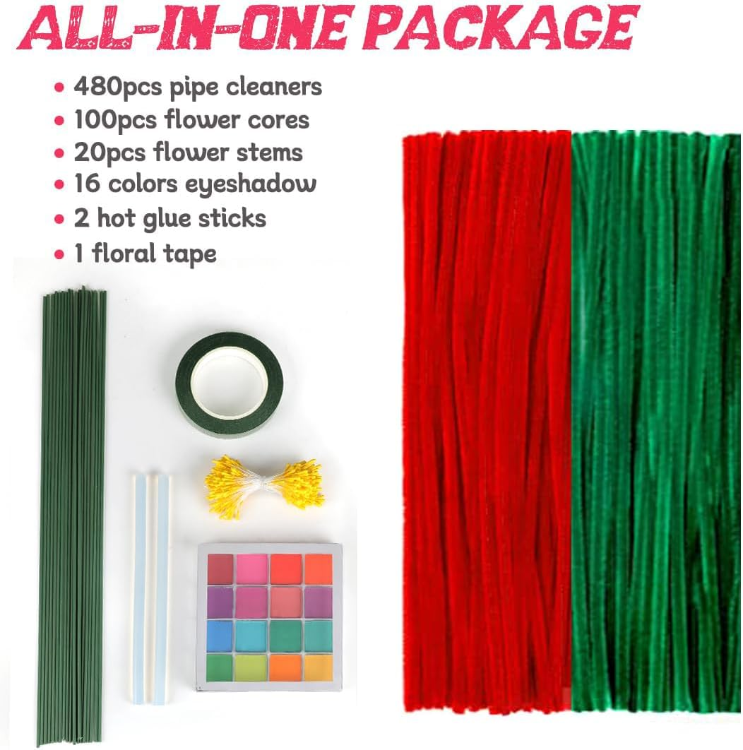 Pipe Cleaners, 480Pcs Red Roses, Flower Making Kit, Arts and Craft Supplies, Pipe Cleaners, Pipe Cleaners for Flowers, Craft Supplies Kit, Ideas for Art Project Activity image number 2