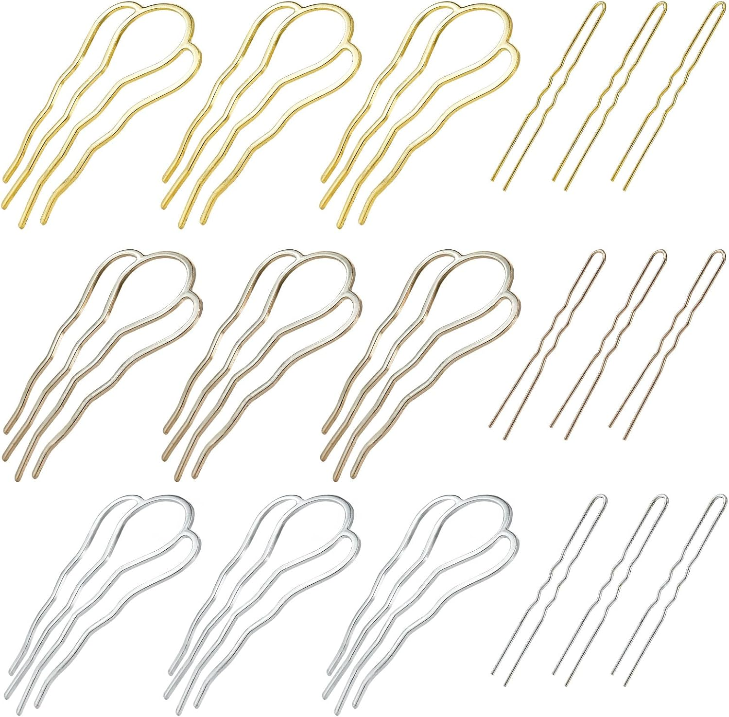 18 Piece Metal Hair Fork Clip Hair Side Combs U-Shaped Metal Hair Pins for Buns 4 Prong Hair Updo U-Shape Hair Sticks for Women Hair Styling Tool Accessories (Silver, Gold and Rose Gold) image number 5