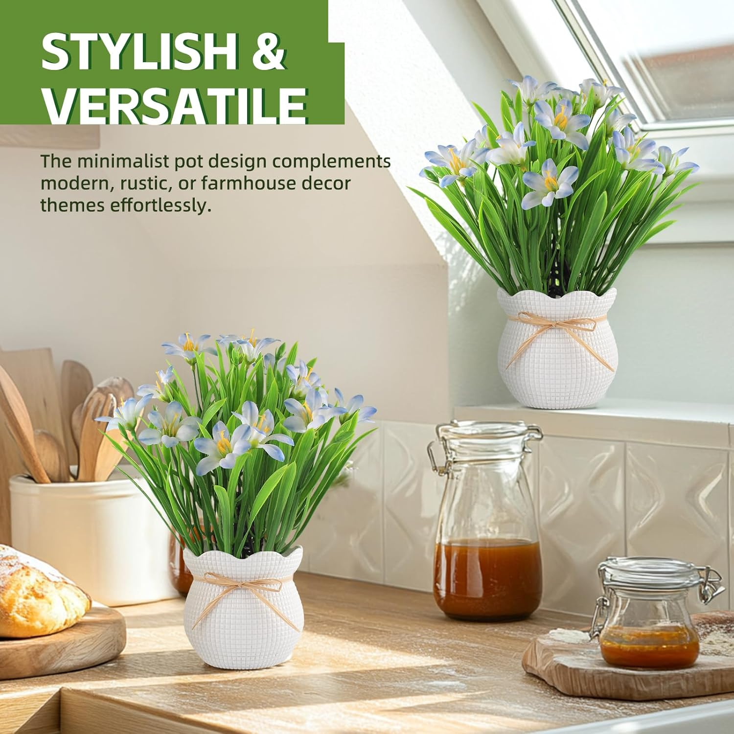 Artificial Flowers Plant UV Resistant Realistic Potted Faux Flowers Lifelike Greenery Maintenance Free Florals Indoor Outdoor Home Office Decor image number 2