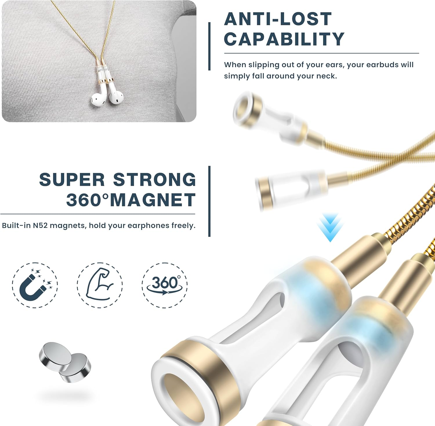 Anti-Lost Neck Strap for Airpods, Strong Magnetic Necklace Holder String, Sports Lanyard for Headphone Compatible with Airpods 1&2 /3Rd /Pro/Pro 2 S Gold image number 3